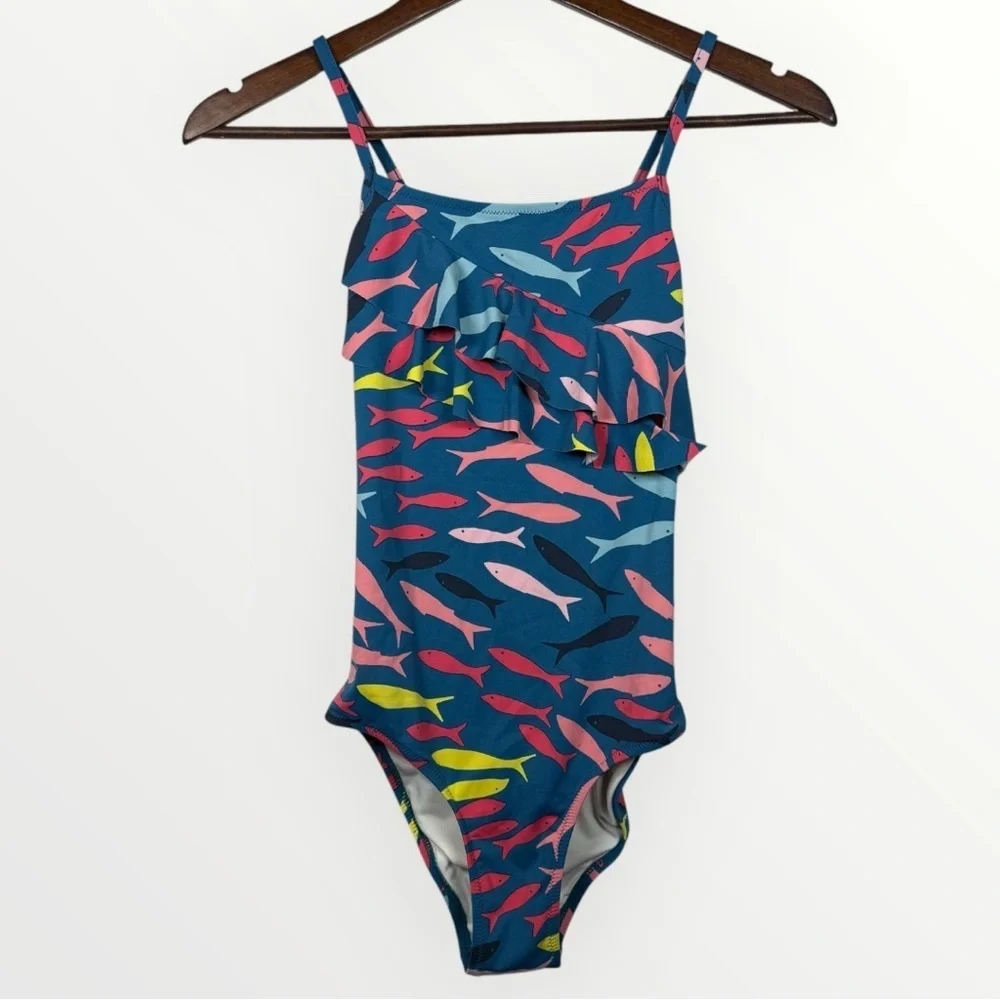 Garnet Hill Girls Size 12 Ruffle One-Piece Swimsuit Teal Fish Print Swimwear